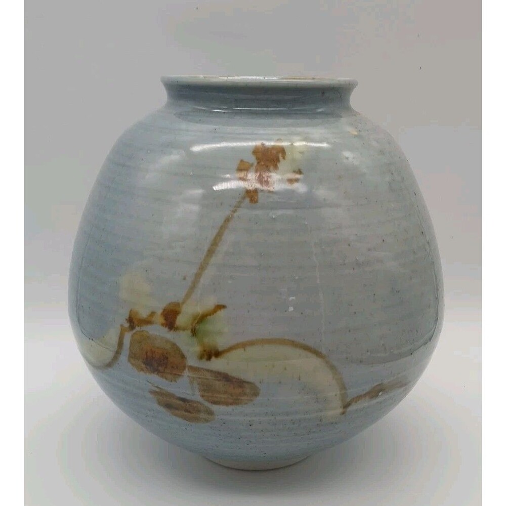 Large Studio Pottery Jar Missing Lid Blue Floral Signed S Zamantakis